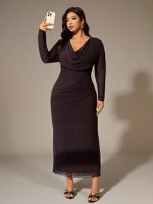 Auralis New Fashionable Elastic Mesh Sheer Bodycon Plunging Neck Cinched Waist Maxi Dress, Sexy Deep Draped Neck Long Sleeve Elegant Gown For Party, Wedding, Plus Size Cowl Neck Dress Ruched Dresses For Women Elegant Midi Dress Long Sleeve Elegant Dress/Concert/Performance Costumes/Date/High-End Banquet/Dance/Wedding Season/Valentine's Day/Party/Sexy/Commuting/Elegant And Romantic/Office Beauty/Siren Style/Birthday Party Outfits Brown - Brown - View 4