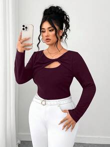 Elenzga Camiseta de manga larga con textura y corte asimétrico para tallas grandes - Rojo violeta - Ver 4