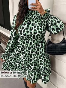SHEIN Frenchy Vestido de manga larga con cuello alto y estampado de leopardo para mujer de talla grande, vestido con manga farol, volantes en el bajo y cinturón, para otoño/invierno