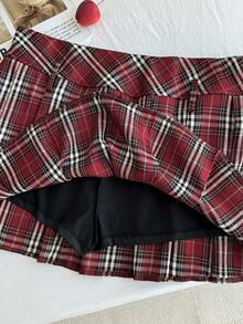 SHEIN EZwear 圣诞节红色格子迷你裙，休闲大码节日派对 - 紅色 - 查看 10