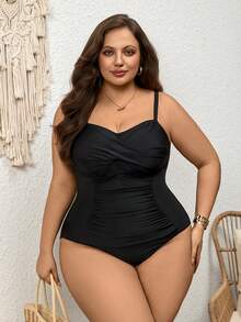 SHEIN CURVE+ Plus Size Women's Black Crossover Ruched Front One-Piece Swimsuit, Suitable For Beach & Resort
