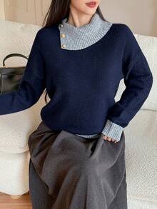 DAZY Sweater Rajut Longgar Colorblock Elegan untuk Wanita, Musim Gugur - Navy Blue - View 7