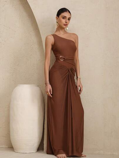 Swim Oasis 1 Peça Saia Elegante Marrom com Botão Metálico no Ombro e na Cintura para Mulheres