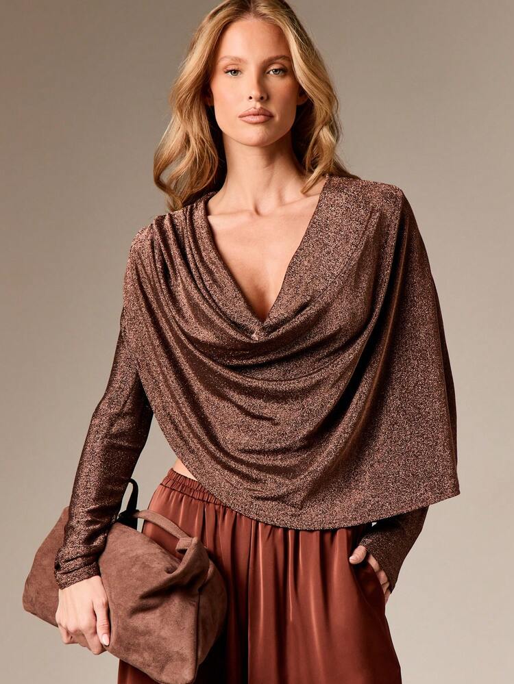Deep Plunge Draped Metallic Long Sleeve Blouse