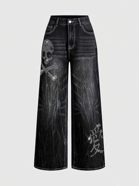 J-Fashion Retro Edgy Street Style Skull Rhinestone Embellished Loose Women Jeans