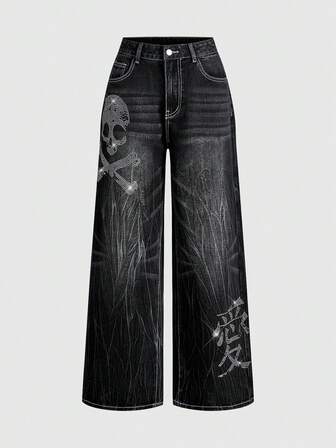 J-Fashion Jeans amples pour femmes avec ornements de crâne et strass, style de rue rétro et audacieux