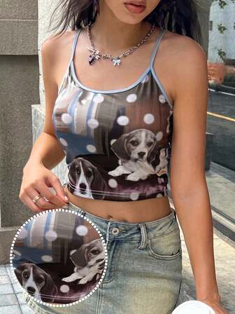 Zielony Summer Casual Dog Print Cropped Camisole Coffee Polka Dot Design Women's Cami Top, Summer Tight Sexy Hot Girl Retro Top Camisole Top, Vacation Beach Top, Cruise Women, Commuter Leisure, Ibiza