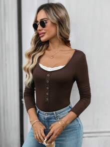 EMERY ROSE Damska koszulka z kontrastową koronką typu raglan z długim rękawem, dopasowana, modna i uniwersalna