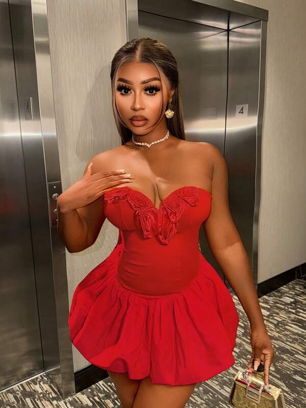 SHEIN BamGlam Women's Strapless Floral Bud Short Dress