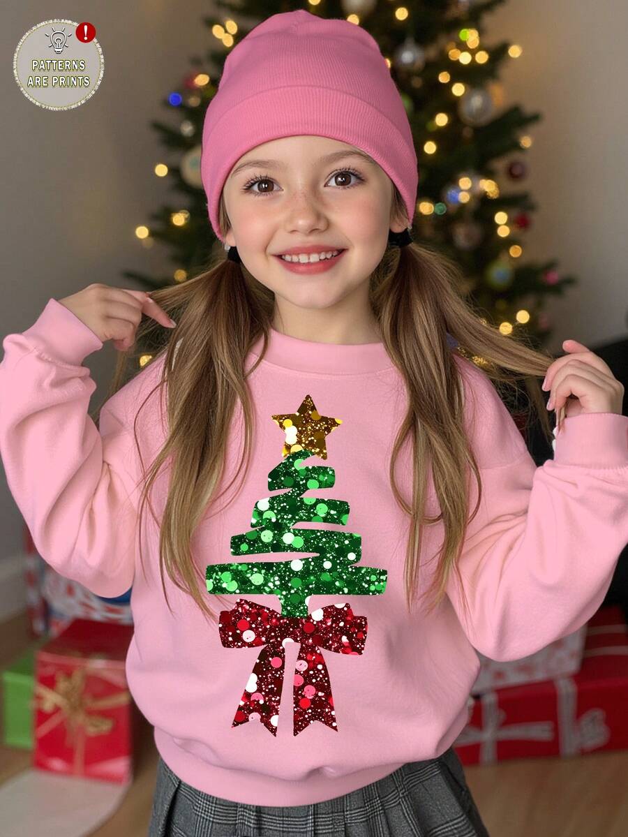 Tween Girl Christmas Sweatshirt,Pink Yellow,Autumn,Cute,Matching Family Sweet Bow & Christmas Tree Pattern,Cream Pink Ladylike Ballet Style Sweater - Multicolor - View 1