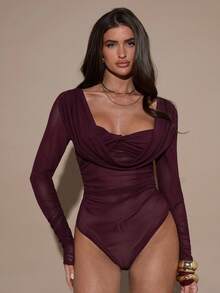 SHEIN BAE 女士纯色深V领长袖网纱性感连体衣 - 棕色 - 查看 8