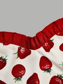 Sweetra Đầm dự tiệc đỏ năm mới Giáng sinh cỡ lớn cho nữ in họa tiết dâu tây viền bèo cổ yếm Đầm trái cây - Đỏ và trắng - Xem 9