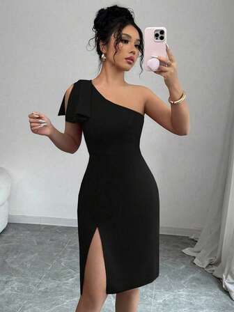 Rafferiza 女式纯色不对称领口修身开衩中长连衣裙