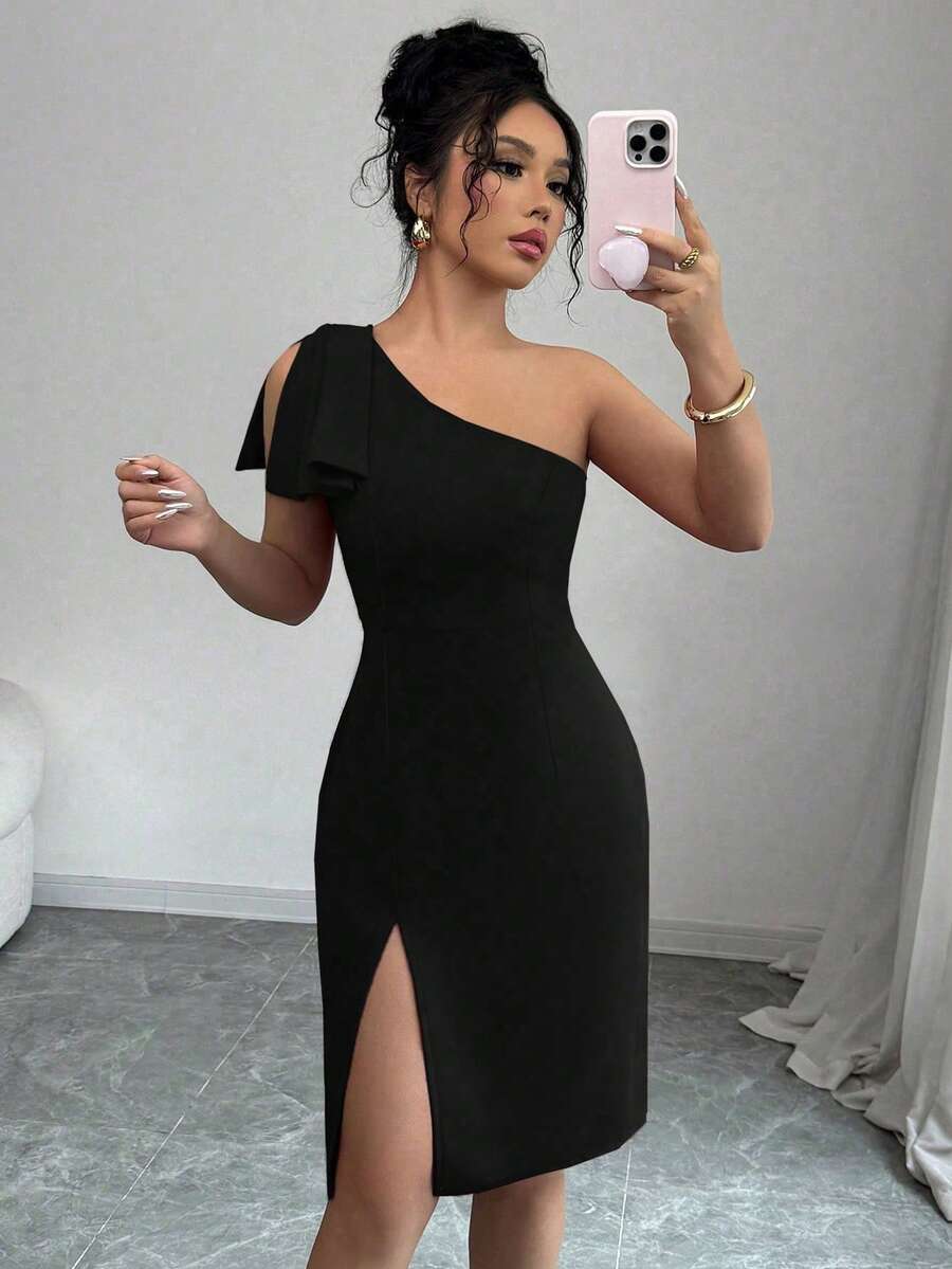 Rafferiza 女式纯色不对称领口修身开衩中长连衣裙 - 黑色 - 查看 1