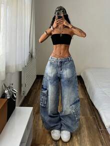 StreetHx 女式低腰宽松休闲工装牛仔裤，百搭时尚，蓝色 - 藍色 - 查看 5