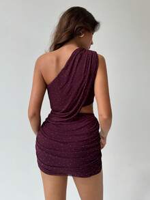 Aloruh 1pc Asymmetrical Mini Dress With Rhinestone Decor, Purple-Red - Red Violet - View 2