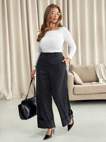 Vionelle Calça Pantalona Elegante Listrada em Preto e Branco com Decoração de Barra Dobrada para Mulheres Plus Size - Preto e Branco - Visão 3