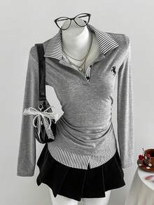 Comfortcana Women's Casual Striped Patchwork 2 In 1 T-Shirt, Autumn