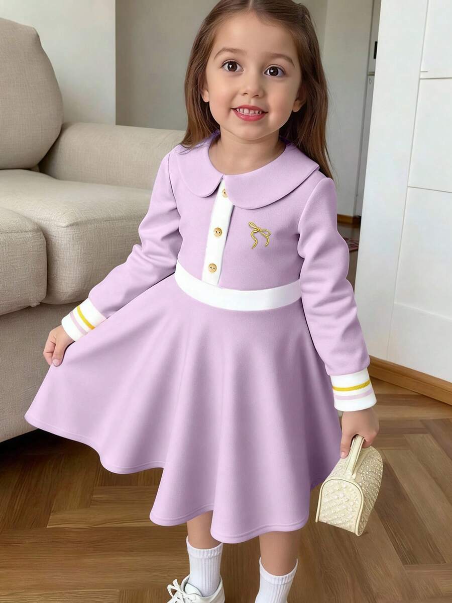 SHEIN 1pc Girls' Casual Collared Embroidered Colorblock Knit Dress - Purple - View 1