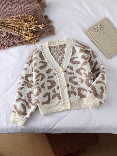 Sparklyn Chaqueta de punto con botones y estampado de leopardo, informal para niña, otoño/invierno