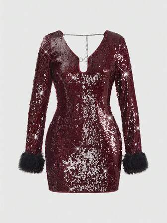 ROMWE Avant Paillettenbesetztes Minikleid mit langen Ärmeln, rückenfreiem Rücken und Bindeträgern für Damen