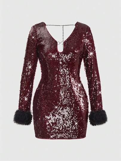 ROMWE Avant Vestido mini con espalda descubierta, tirantes con lazo y mangas largas con lentejuelas para mujer