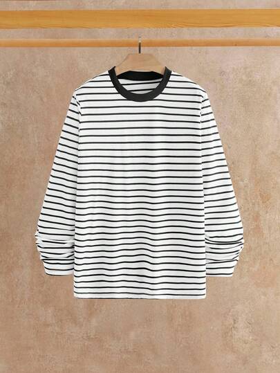 Manfinity NXTstreet メンズ ストライプ カジュアル ラウンドネック 長袖 Tシャツ