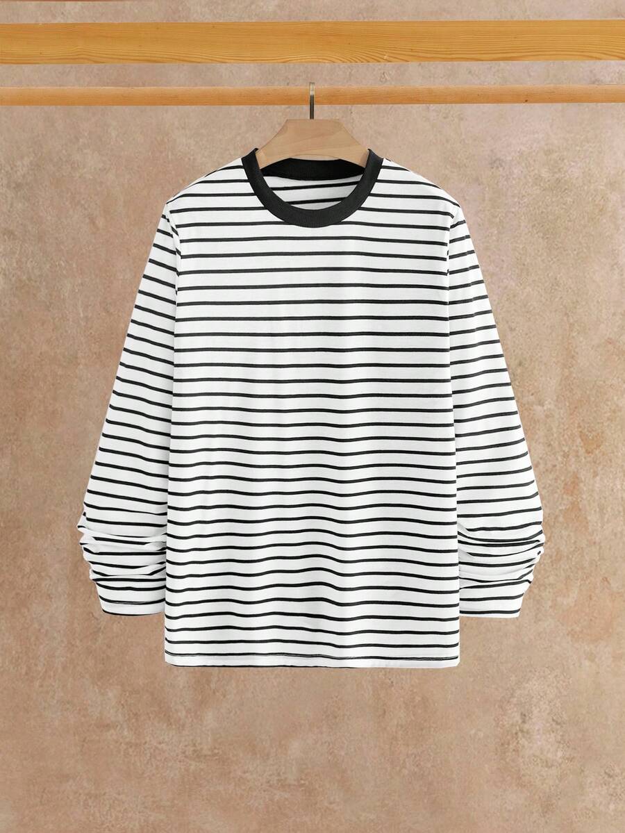 Manfinity NXTstreet 男士条纹休闲圆领长袖T恤 - 黑與白 - 查看 1