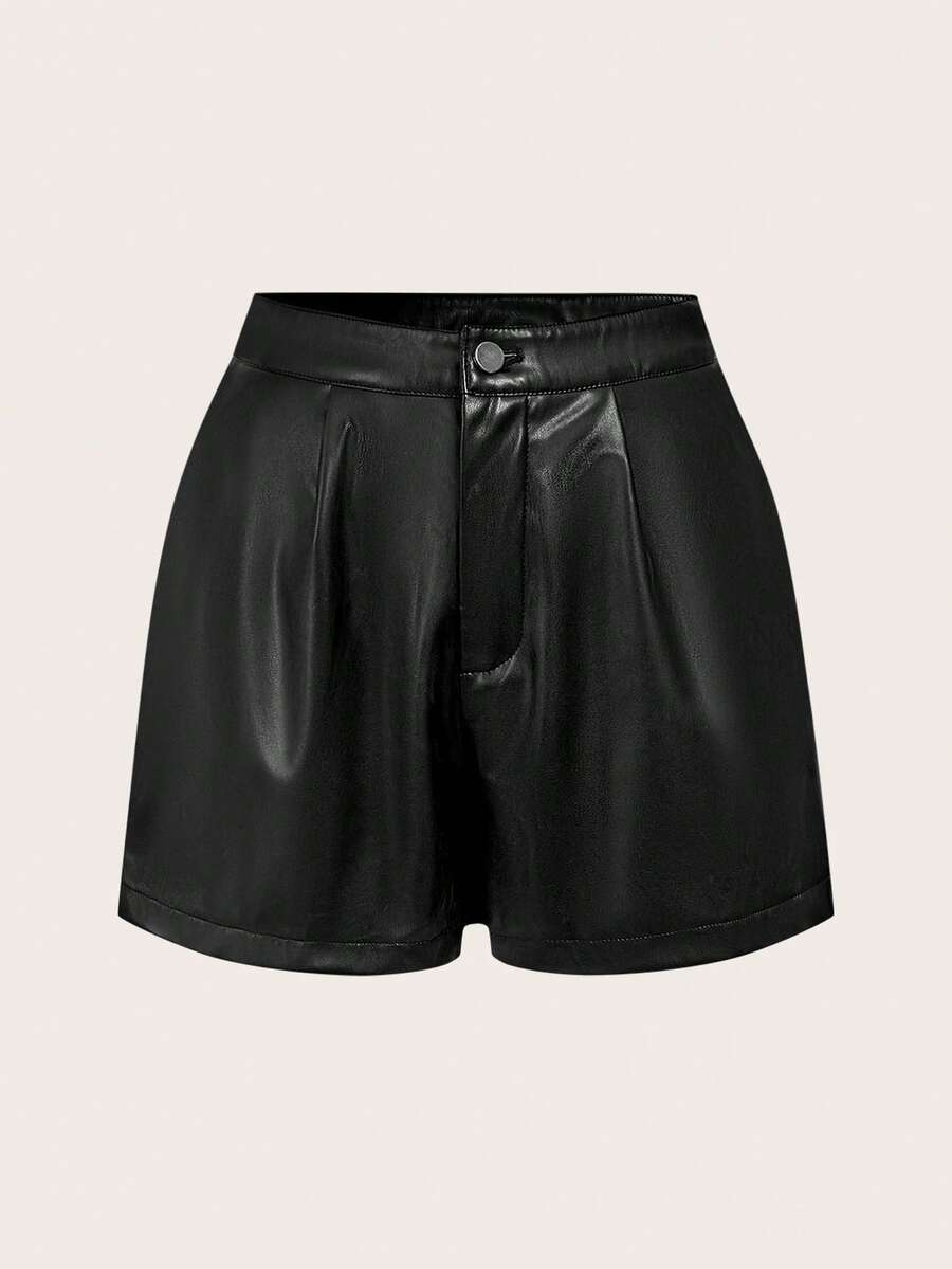 SHEIN Privé Women's Fashionable Solid Color Folded Pleated Shorts, Summer - Black - View 1