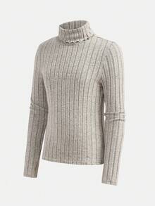 SHEIN Parte superior de capa base ajustada con textura de canalé de cuello alto de punto blanco para niña preadolescente, versátil para otoño/invierno, manga larga adecuada para uso diario, celebraciones, otoño e invierno para comodidad fácil, capas de otoño e invierno, elegante - Caqui - Ver 4