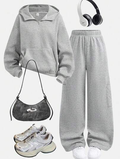 SHEIN Girlism 少女两件套纯色长袖拉链连帽衫和长裤，休闲宽松版型，灰色花卉图案套头连帽衫和宽松运动裤休闲运动套装，秋冬季运动服