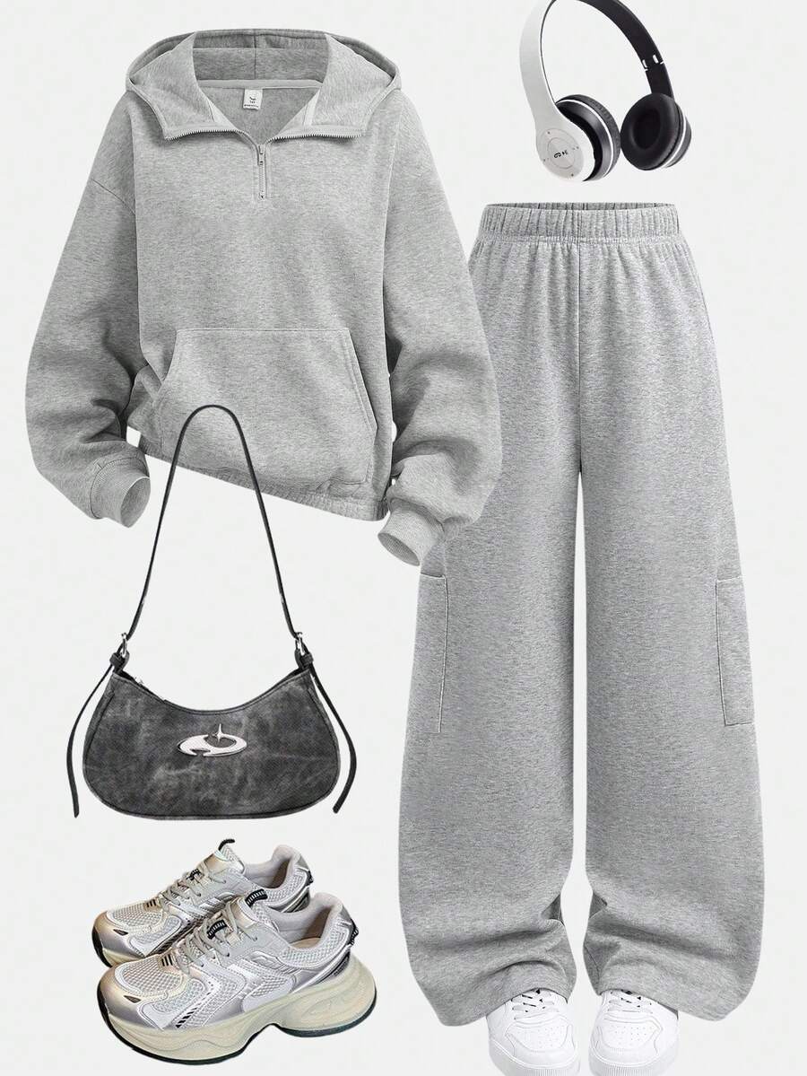 SHEIN Girlism 少女两件套纯色长袖拉链连帽衫和长裤，休闲宽松版型，灰色花卉图案套头连帽衫和宽松运动裤休闲运动套装，秋冬季运动服