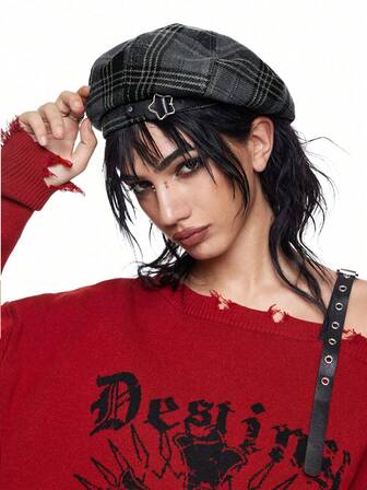 Grunge Punk 1pc Women's Fashion Plaid Five-Pointed Star Beret