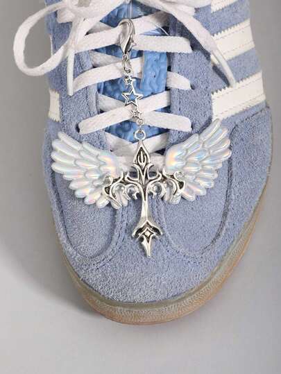 1pc Retro Gothic European American Hip Hop Flame Wing Star Cross Lace Shoe Decoration, Exaggerated Personalized Shoe Accessory For Goth Girls