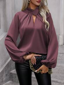 EMERY ROSE Women's Solid Color Cutout Raglan Sleeve Elegant Blouse - Maroon - View 7
