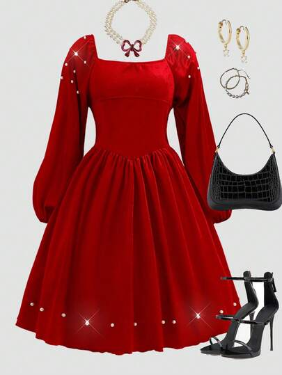 Plus Size Girls' Red Solid Color Korean Velvet Fabric Dress, Suitable For Autumn/Winter, Christmas, Holidays, Retro Girly Casual Elegant Cute Long Sleeve A-Line Dress, Red Dress, Suitable For Spring/Summer/Autumn Outdoor, Vacation, Campus, Girls' Red Dress, Long Sleeve Red Dress, Red Dress, Girls' Elegant Dress, Suitable For Daily School, Outing, Party, Holiday Wear
