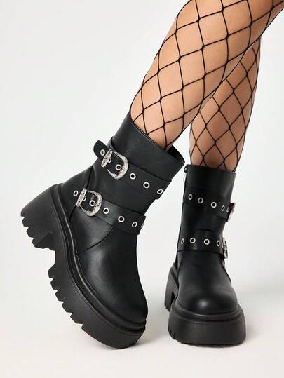 بوت نسائية بطراز الروك المظلم والبانك والجوث، بوت بمشبك للدراجات النارية، بوت كاحل سوداء للفارس والأحذية القصيرة