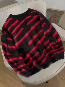 Manfinity Hypemode Men's Fashion Casual Colorblock Striped Crew Neck Sweater Striped Sweater Red Sweater Sweaters Y2k, Long Sleeve Top - Black - View 2
