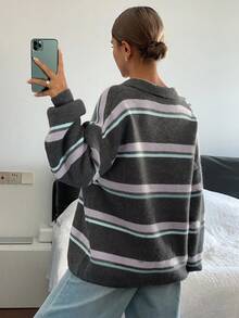 DAZY 复古撞色条纹宽松Polo领长袖休闲街头女式毛衣，秋冬 - 灰色 - 查看 2