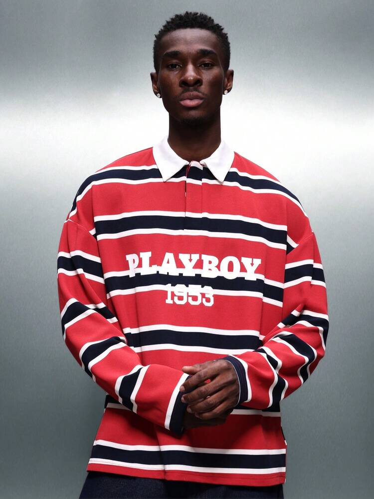 PLAYBOY X SUMWON Regular Fit Horizontal Striped Collared Long Sleeve Polo Shirt With Brand Logo Print For Casual Everyday Wear Fall Winter