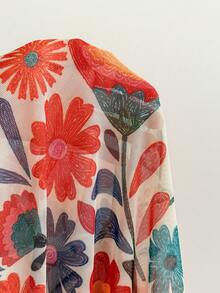 Soleia Women's Vacation Knit Mesh Vintage Floral V-Neck Long Flare Sleeve Front Tie Blouse For Party, Christmas, Date, Nightclub, Bohemian, Boho, Vacation, Fall