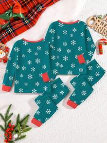 2pcs Tween Boys Christmas Santa Claus & Reindeer Print Snug Fit Knit Pajama Set, Long Sleeve Top And Pants, Glow-In-The-Dark, Comfortable, Autumn - Green - View 2