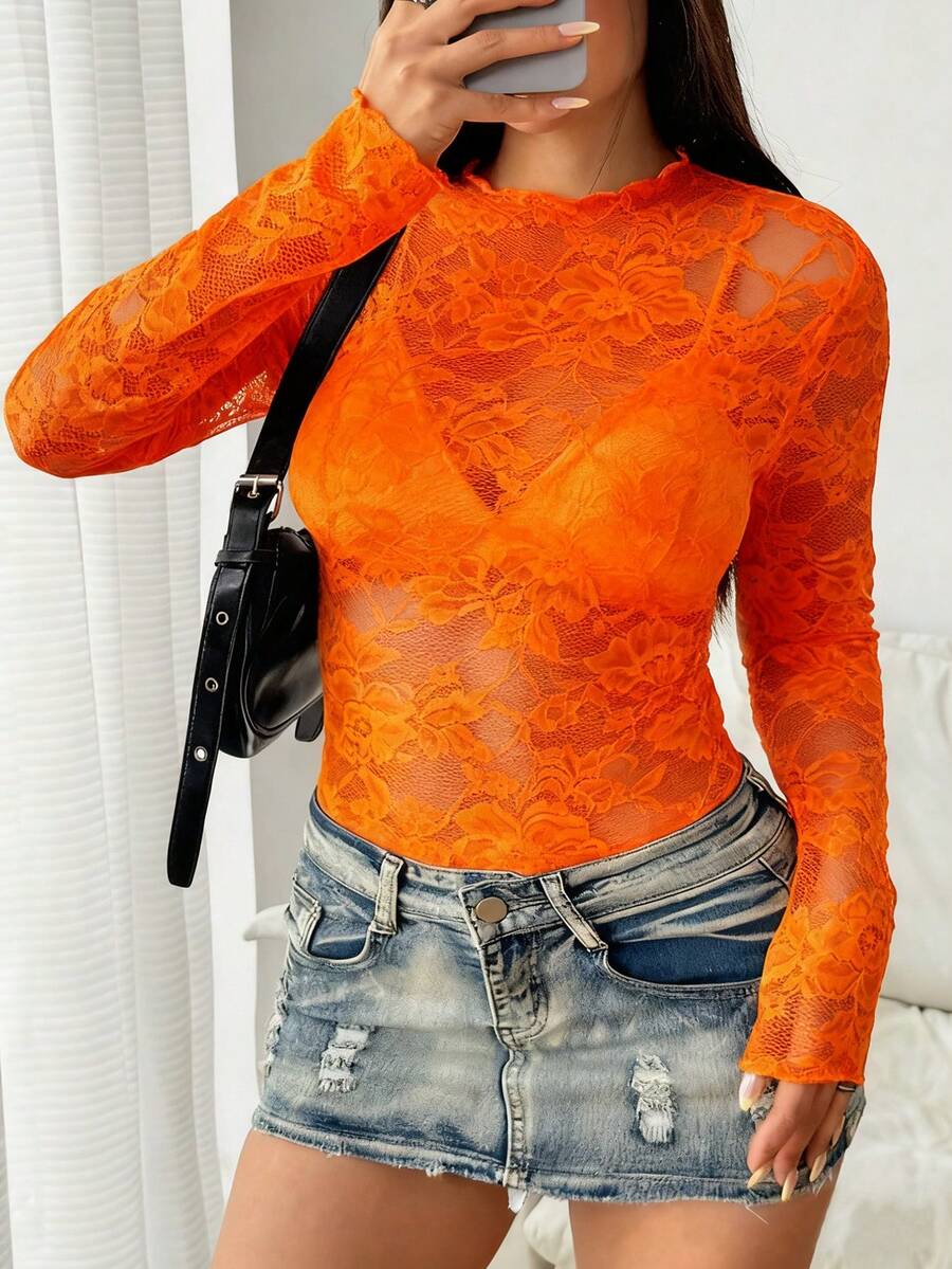 SHEIN Tall Áo thun nữ tay dài cổ tròn ren mỏng gợi cảm cỡ lớn ôm vừa vặn co giãn cao - trái cam - Xem 1