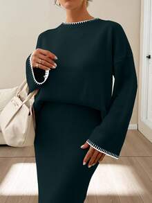 EURMUSE Women Stitch Detailed Round Neck Drop Shoulder Pullover & Sweater Skirt Set - Dark Green - View 5