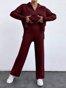 EURMUSE 2pcs/Set Solid Color Turn-Down Collar Sweater And Long Pants Outfit ,Petite Women - Burgundy - View 5