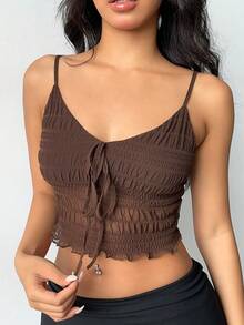 FavEase American Style Casual Texture Fabric Ruffled Strap Cami Top With Ties - Coffee Brown - View 3