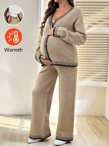 SHEIN 孕妇撞色饰边 V 领落肩长袖针织开衫套装 - 棕色 - 查看 3