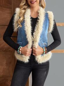EMERY ROSE Women's Autumn/Winter Faux Fur Patchwork Sleeveless Denim Jacket And Coat - Blue - View 6
