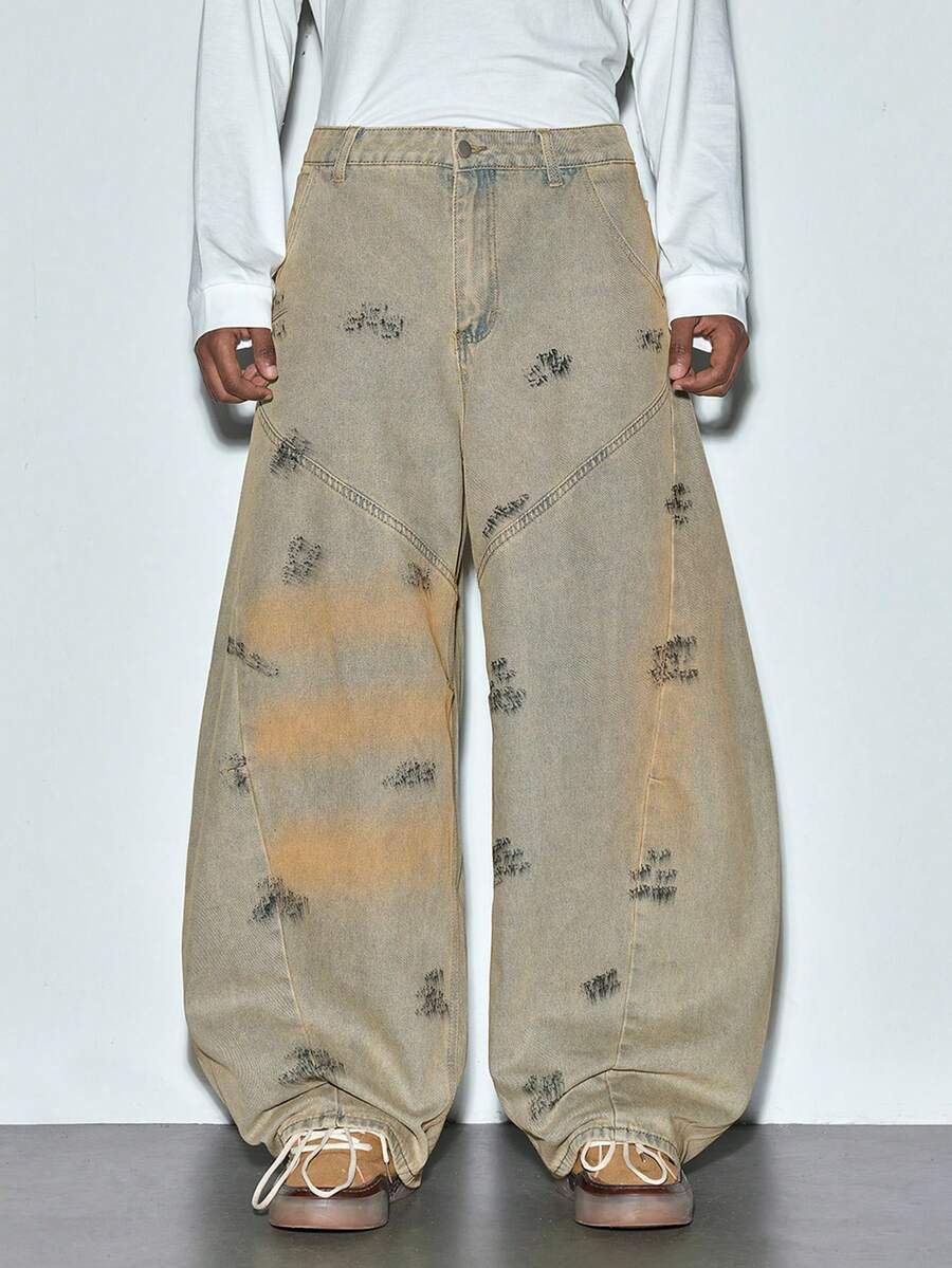 Modcrash 1 pièce Jeans évasés à patchwork vintage de style américain délavé (le produit n'inclut pas la ceinture et les accessoires). Tenue d'été décontractée de style rétro américain, unisexe, coupe ample. Convient pour le port quotidien et les tenues d'été. - Jaune citron - Voir 1