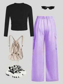 Sparklyn 两件套韩流女团明星偶像少女束腰长袖上衣搭配直筒工装裤，时尚休闲，适合秋冬季穿着 - 紫色 - 查看 3